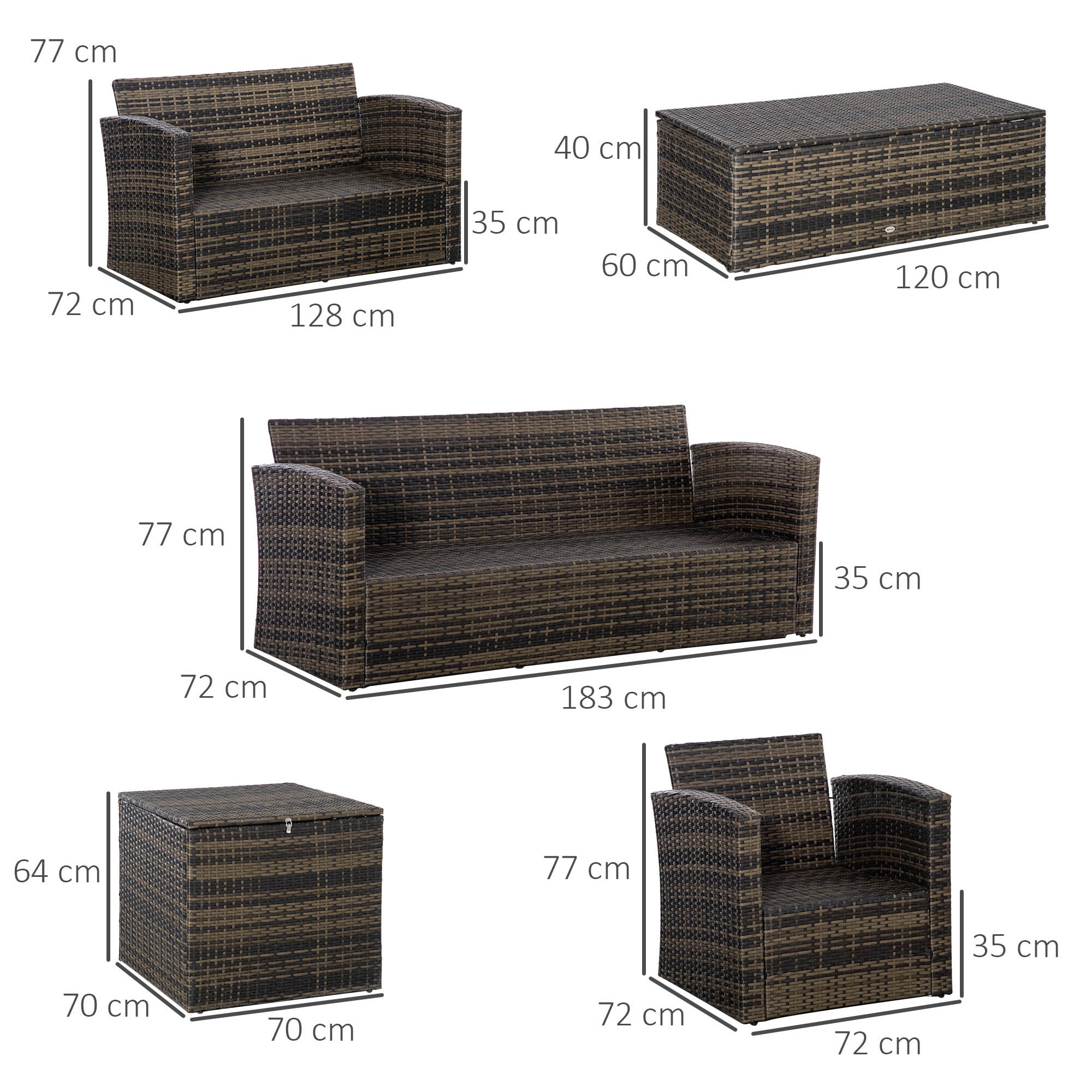 Conjunto de Jardín Exterior de Ratán, Conjunto Terraza, Muebles Jardín Exterior 6 Piezas Incluye Cojines, Sofá Doble, Sofá 3 Plazas, 2 Sillones, 2 Mesas Auxiliares con Almacenamiento, Caqui