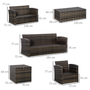 Conjunto de Jardín Exterior de Ratán, Conjunto Terraza, Muebles Jardín Exterior 6 Piezas Incluye Cojines, Sofá Doble, Sofá 3 Plazas, 2 Sillones, 2 Mesas Auxiliares con Almacenamiento, Caqui