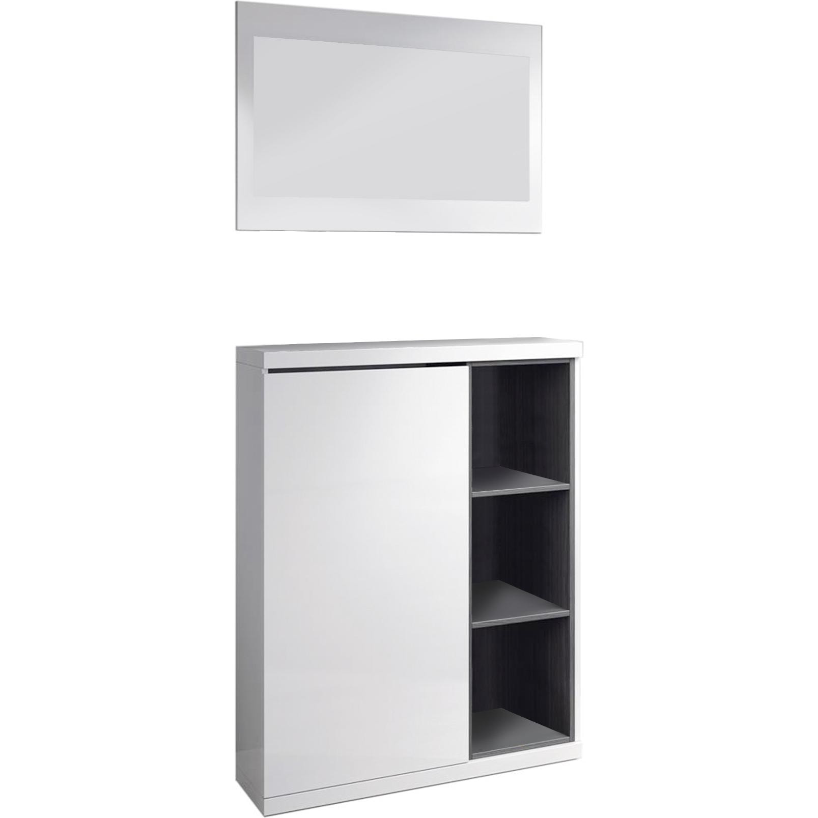 Mobile da ingresso Durham, Entratina portascarpe con specchio, Mobile scarpiera con 3 ripiani per entrata, cm 79x25h167, Bianco e Grigio cenere