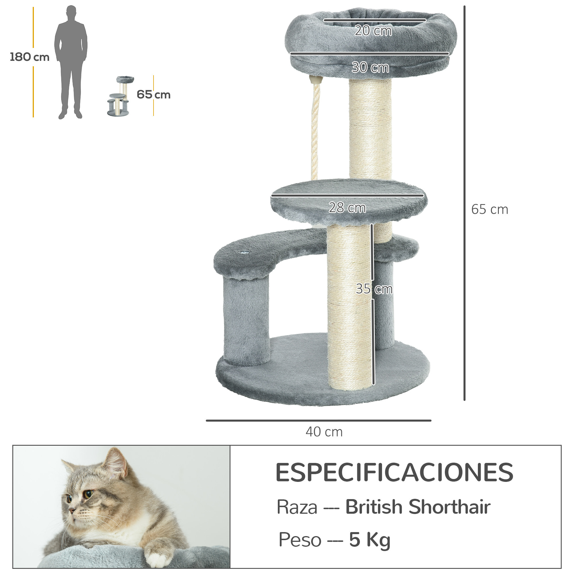 Árbol Rascador para Gatos de Felpa y Sisal Ф40x65cm Gris