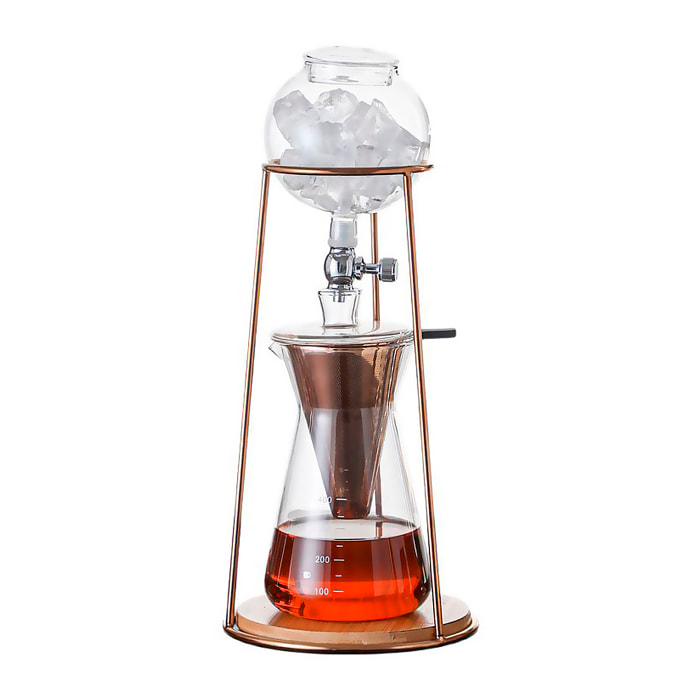 Juego de cafetera de goteo para café frío. Cuerpo de acero inoxidable y vidrio borosilicato.