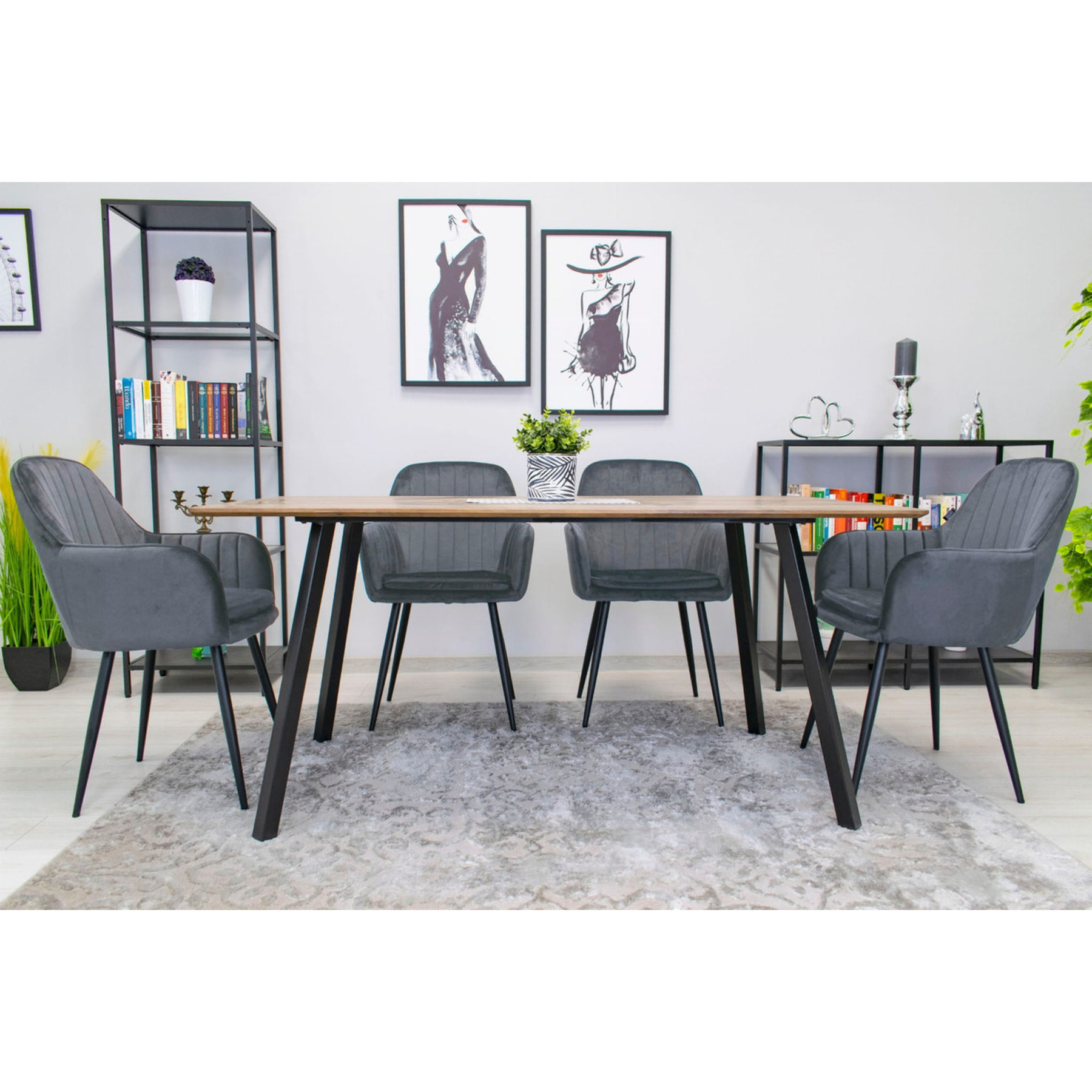 Sedia di design Lugo in velluto grigio scuro con gambe nere
