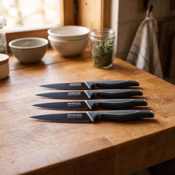 Set de 4 couteaux de cuisine crantés 23 cm en acier inoxydable Nirosta Black Edition