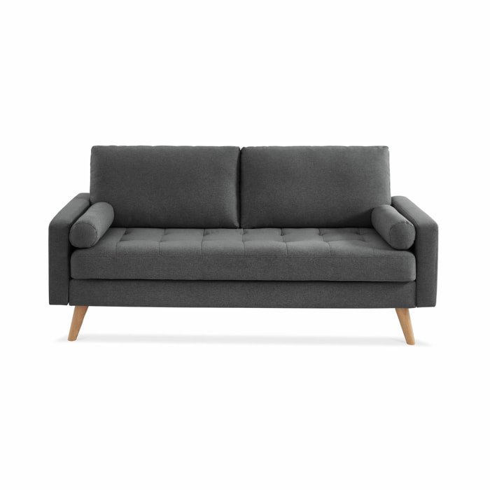 Canapé en tissu gris foncé. 3 places scandinave fixe. droit. pieds bois