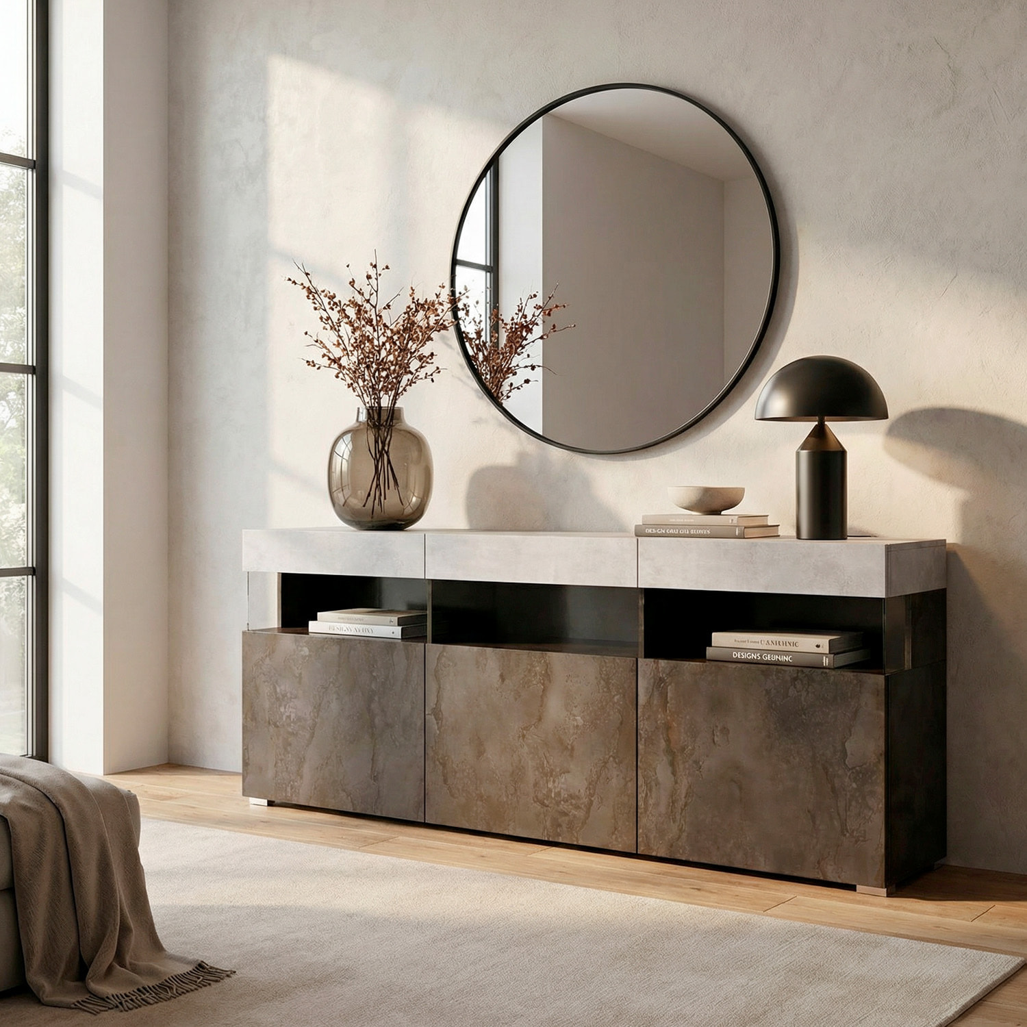 Madia Soggiorno Con 3 Ante Push-Pull E 3 Vani A Giorno in Vetro Mobile Credenza Moderna Zona Living 180 x 41.2 x 80 Cm Ossido E Grigio Cemento