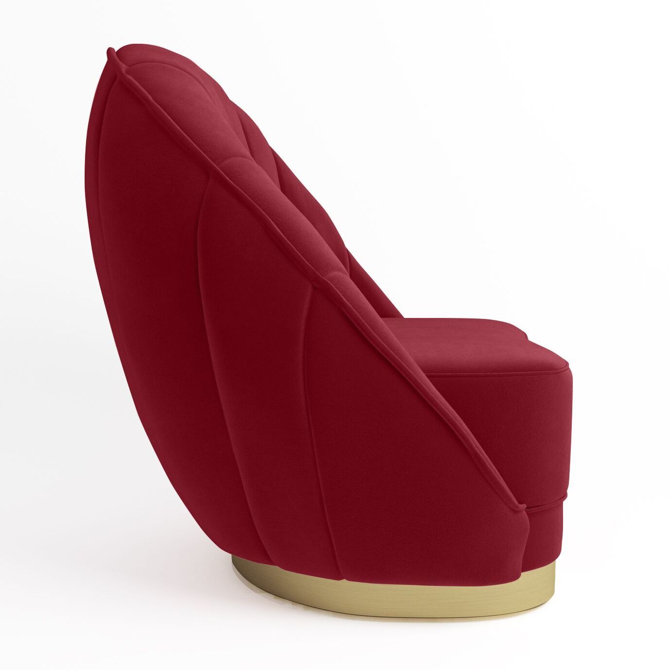 Fauteuil en velours bordeaux, base cerclage doré effet laiton