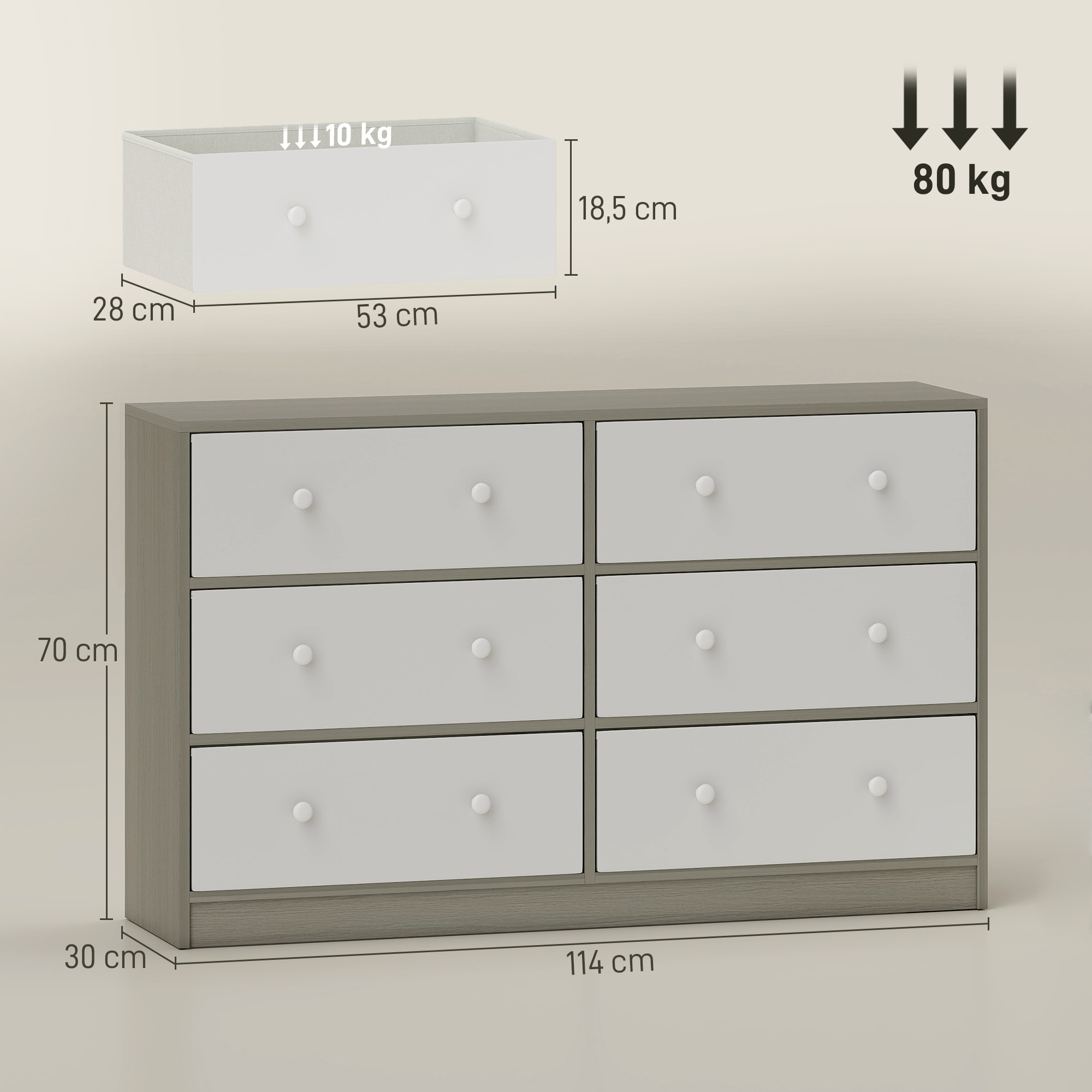 Cómoda con 6 Cajones de Tela, Cómoda para Dormitorio, Marco de Acero y MDF, Cajonera para Salón, Oficina, Vestidor, Blanco y Gris