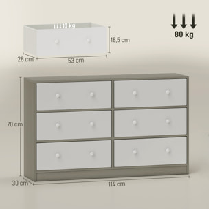 Cómoda con 6 Cajones de Tela, Cómoda para Dormitorio, Marco de Acero y MDF, Cajonera para Salón, Oficina, Vestidor, Blanco y Gris