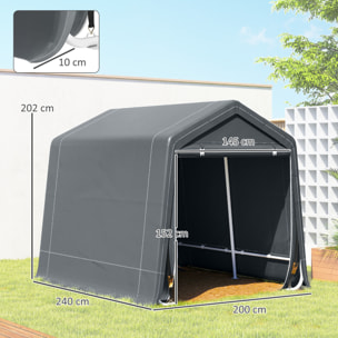 Carpa de Jardín Exterior para Herramientas, Bicicletas, 2,4x2x2 m, Cobertizo Exterior con Marco de Metal, Puerta Enrollable con Cremallera, Impermeable, Anti-UV, Garaje Portátil, Gris Oscuro