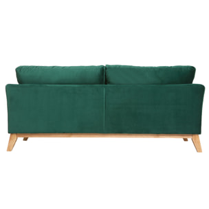 Canapé scandinave déhoussable 3 places en tissu velours vert émeraude et bois clair OSLO