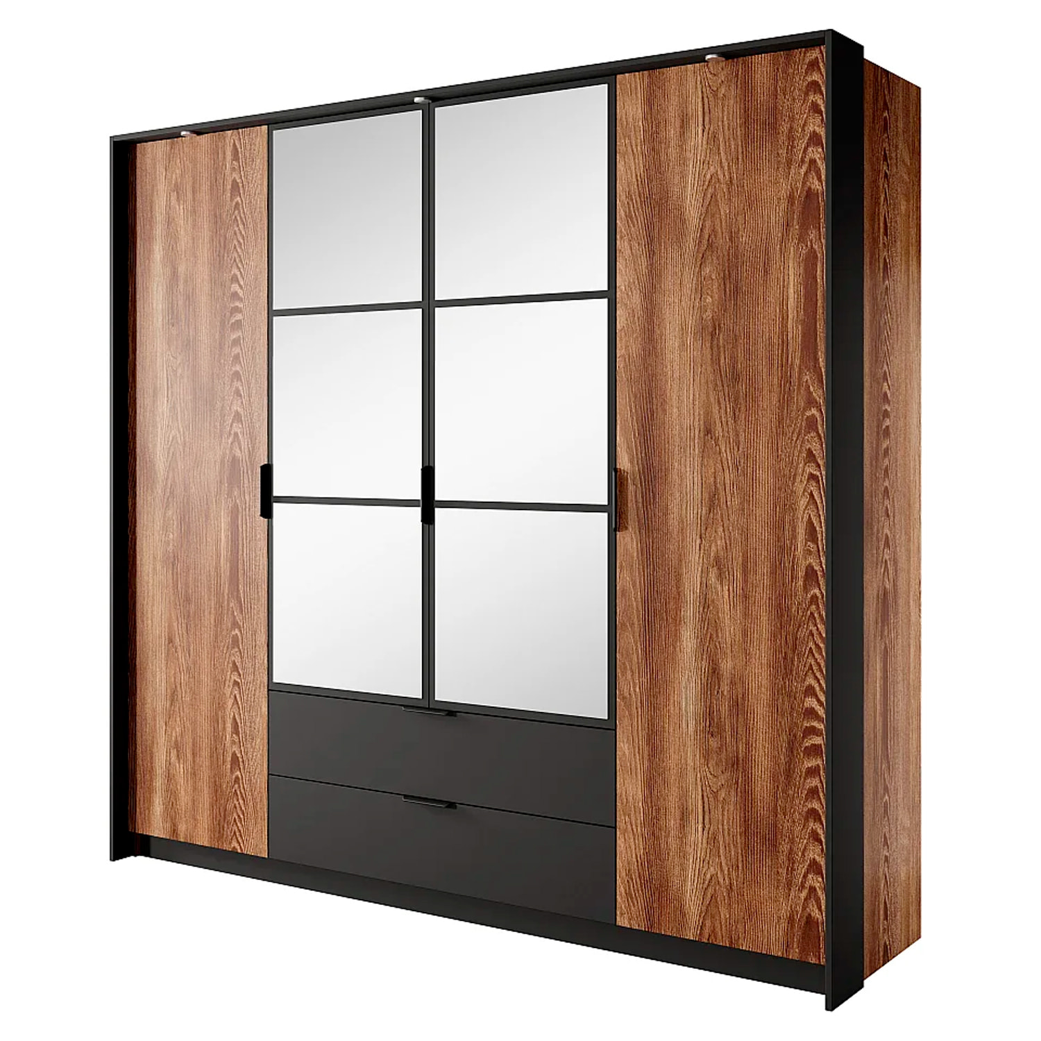 Armadio Guardaroba 4 Ante Con Specchi E 2 Cassetti Per Camera Da Letto 9 Ripiani E Tubo Appendiabiti Moderno 223.2 x 210 x 59 Cm Castagno E Antracite