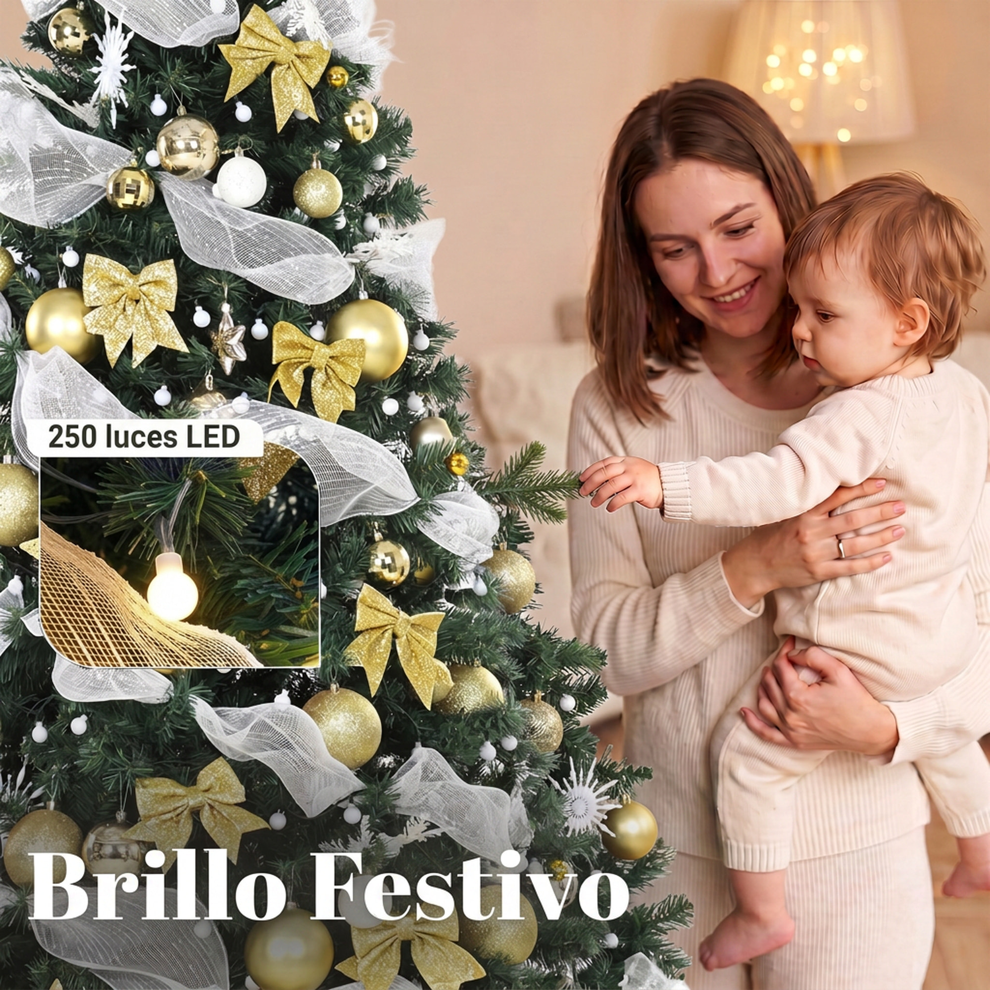 HOMCOM Árbol de Navidad con 250 LED Blanco Cálido, 230 cm, Árbol de Navidad Predecorado, 1136 Ramas, 8 Modos, Bolas, Cintas y Lazos, Mando a Distancia, Base Metálica Plegable, Funciona con USB, Verde