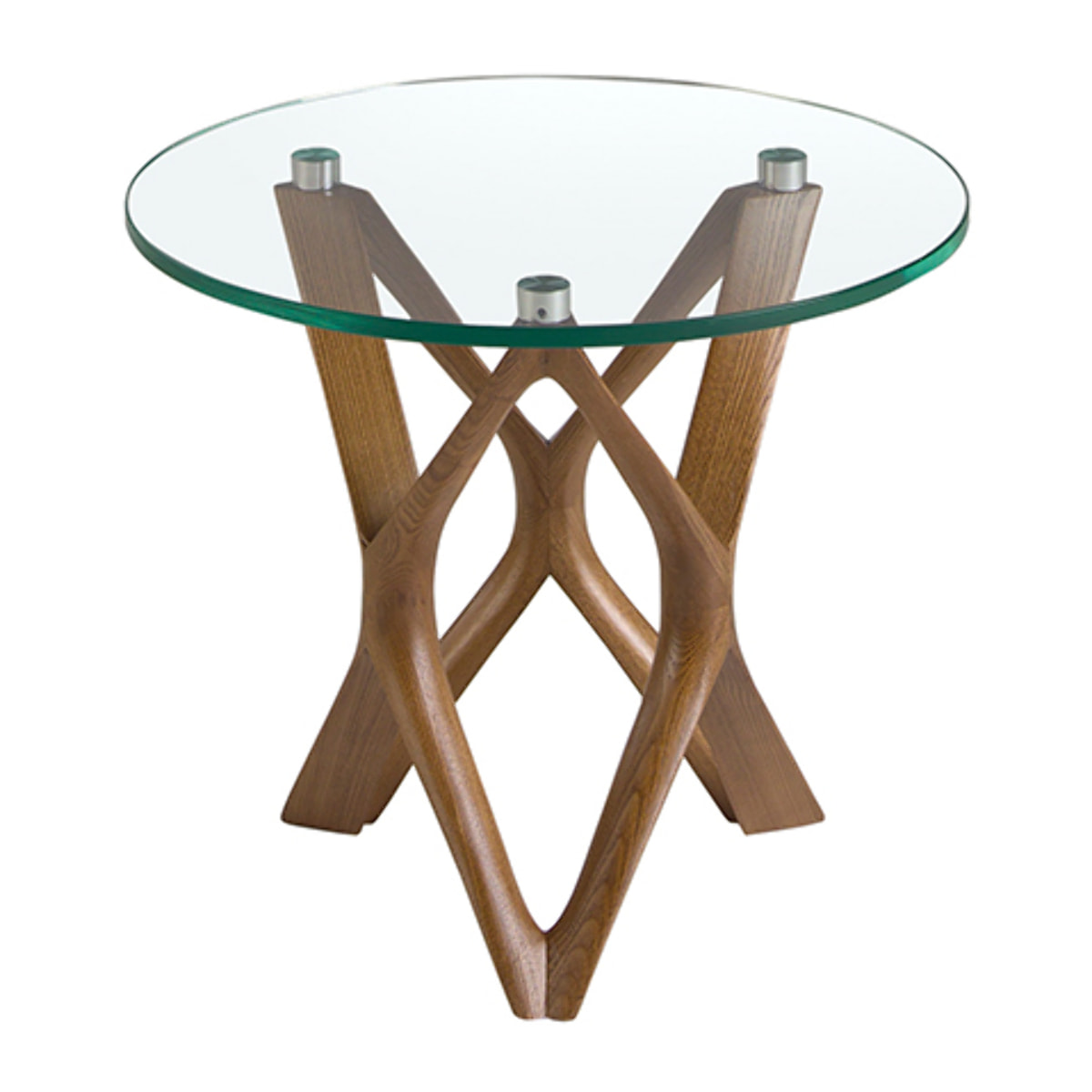 Mesa rincón Angel Cerdá redonda con tapa de cristal templado y patas de madera en nogal 50x50x41cm