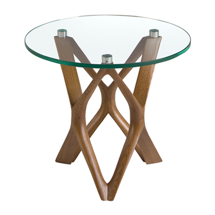 Mesa rincón Angel Cerdá redonda con tapa de cristal templado y patas de madera en nogal 50x50x41cm