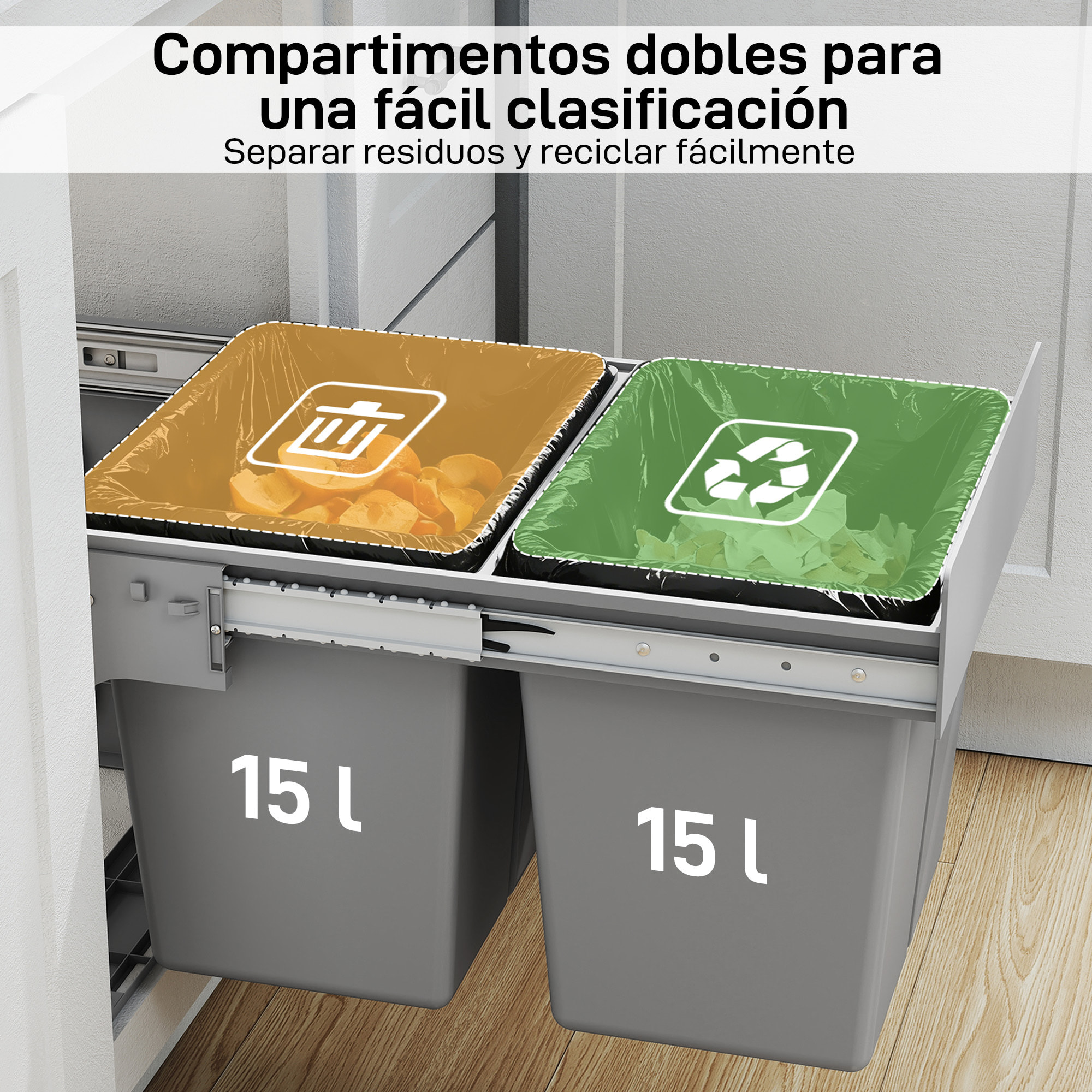 Cubo de Basura bajo Fregadero, Cubos de Basura con 2 Contenedores de Reciclaje Extraíbles, Capacidad Total 30L (15Lx2), Fijación Inferior, para Reciclaje y Residuos, Gris Claro