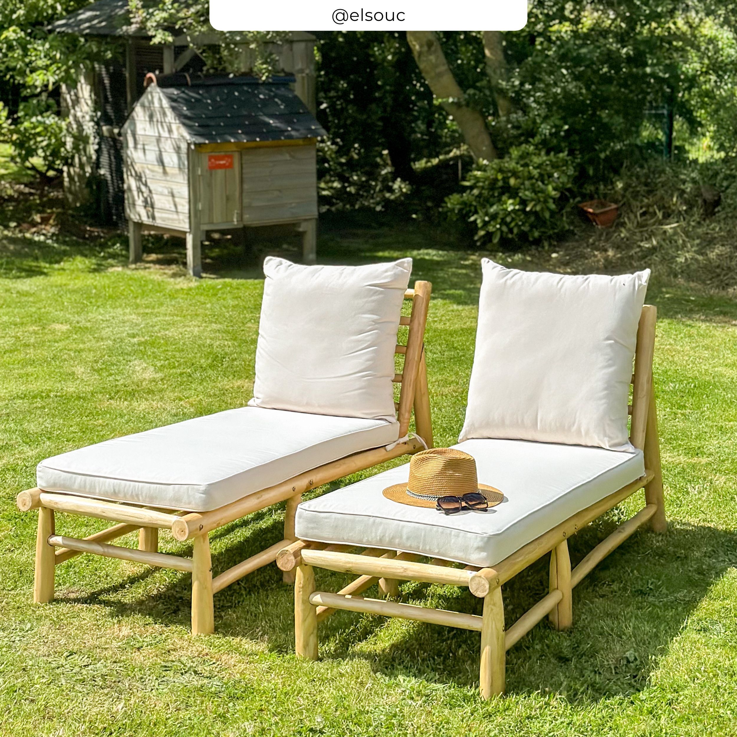 Transat en branche de teck et matelas blanc cassé - Makam