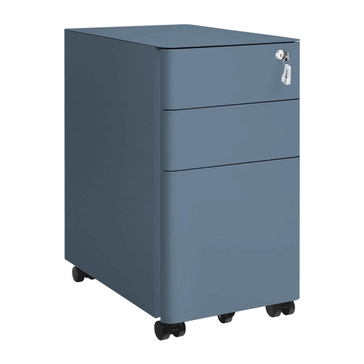 Cassettiera ufficio in acciaio ceruleo con 3 cassetti e ruote 30x50x59