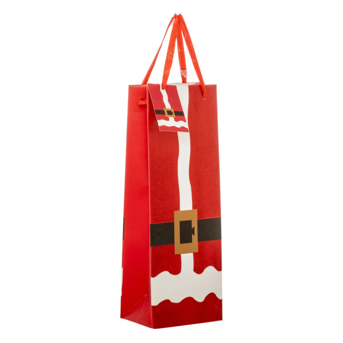 Sac cadeau imprimé taille bouteille tenue de Père Noël paillettes rouge