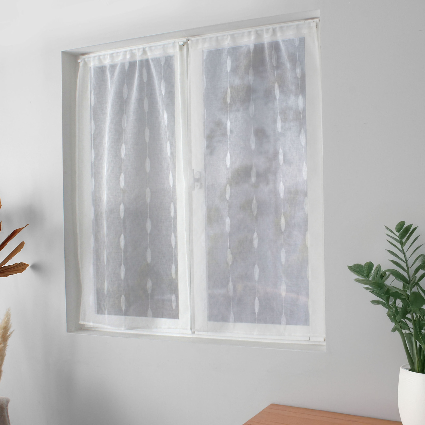 Paire de petits vitrages jacquard motif ovale - Blanc