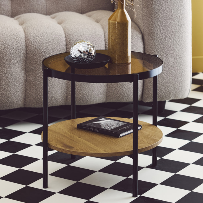 Table basse / d'appoint ronde 52 x 52 cm effet bois et métal noir. 2 plateaux dont un en verre trempé