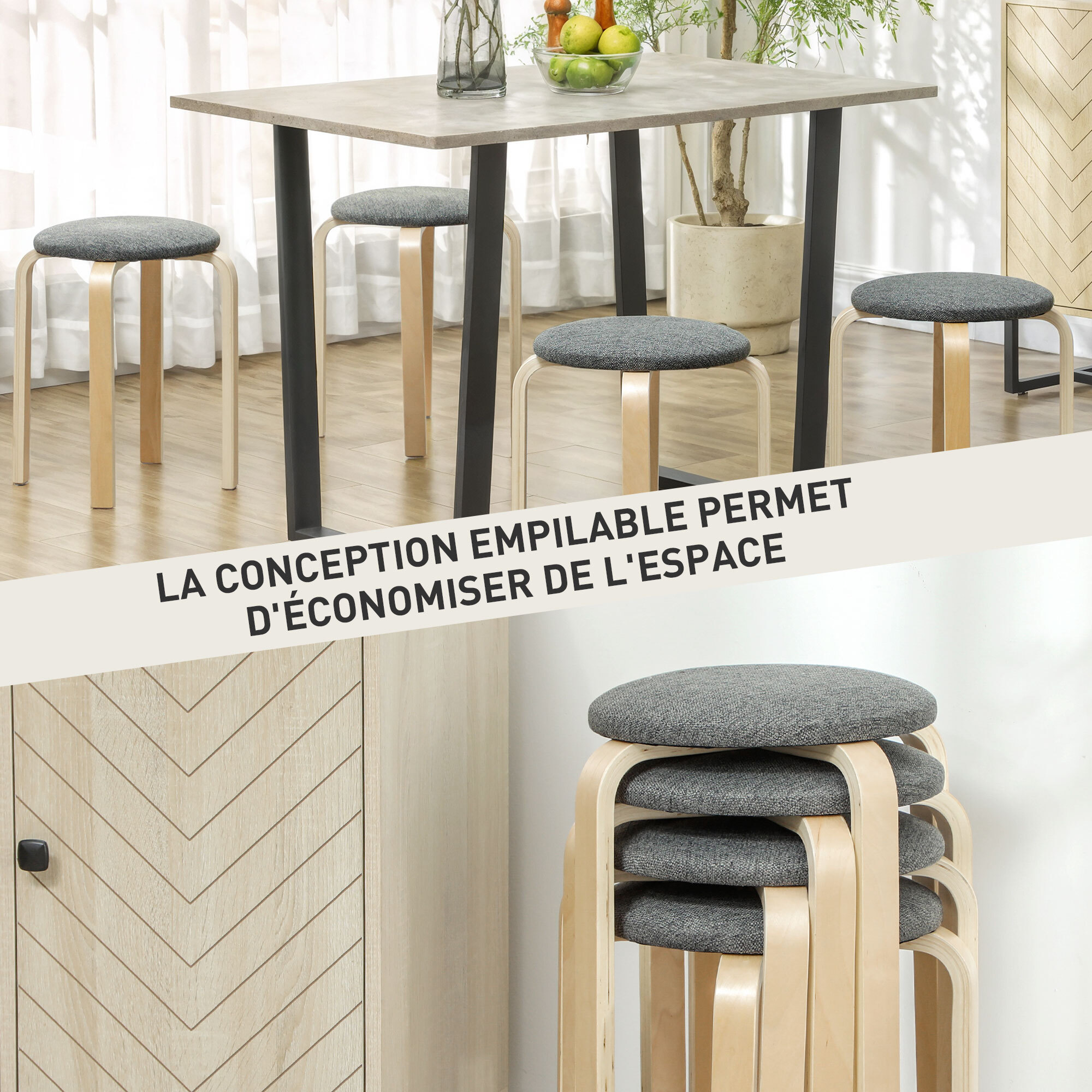 Lot de 4 tabourets empilables assise rembourrée dia.40 x H.45 cm bois clair gris
