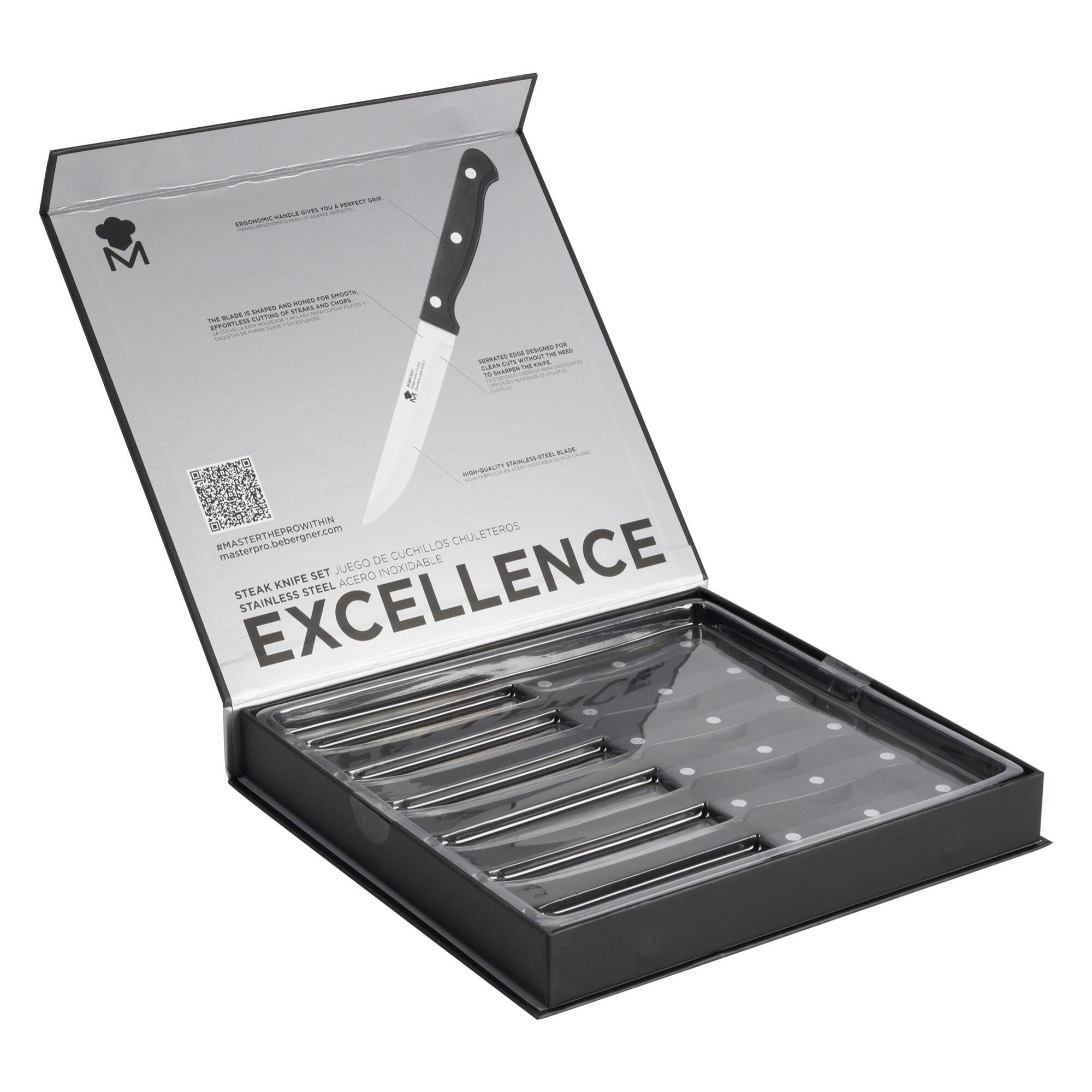 Juego de 6 cuchillos Chuleteros EXCELLENCE en acero inoxidable con hoja de 11,25cm de corte preciso y duradero MasterPRO