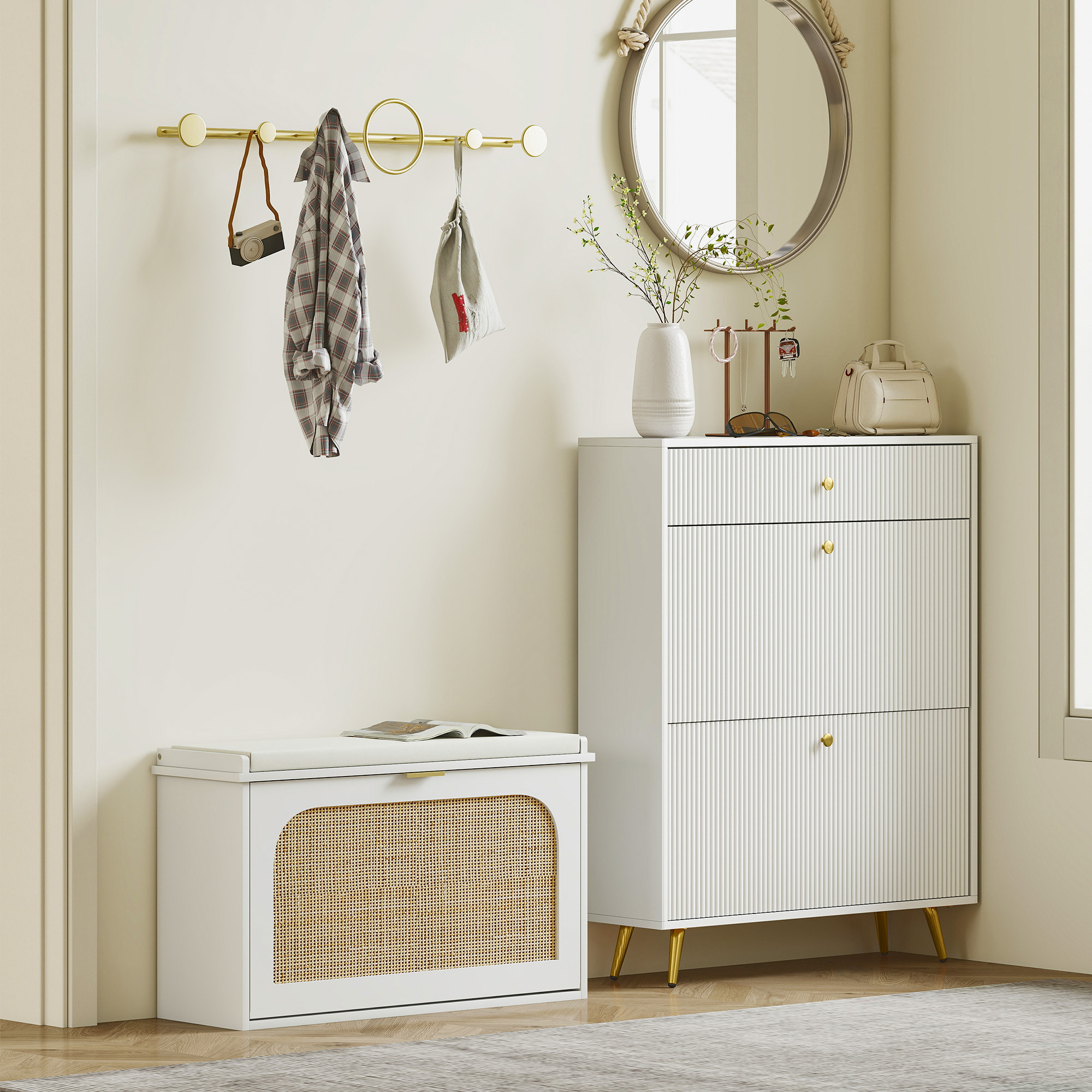 Banco Zapatero Boho, Banco Recibidor Estrecho con Asiento Acolchado, Puerta de Ratán, Cajón Abatible, Estante Ajustable, para 8 Pares de Zapatos, para Entrada, Dormitorio, 80x26x47,5 cm, Blanco