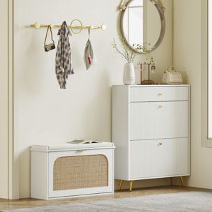 Banco Zapatero Boho, Banco Recibidor Estrecho con Asiento Acolchado, Puerta de Ratán, Cajón Abatible, Estante Ajustable, para 8 Pares de Zapatos, para Entrada, Dormitorio, 80x26x47,5 cm, Blanco