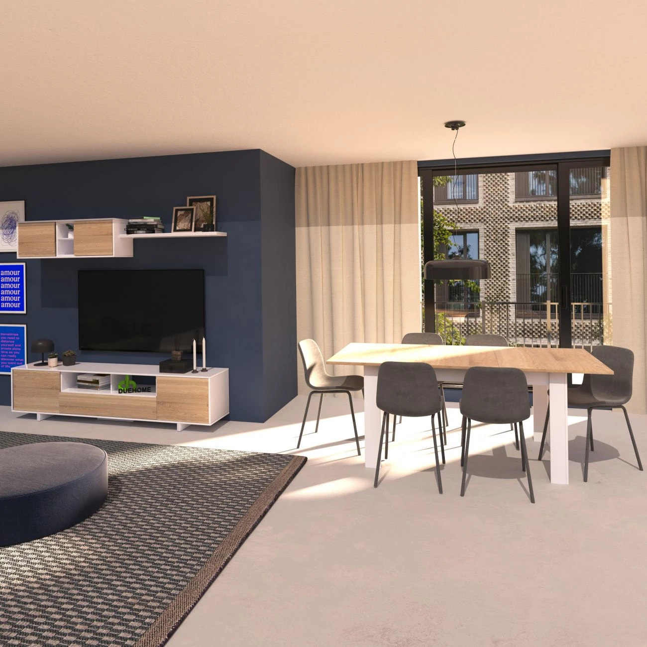 Salón con mueble de TV y estantería en blanco brillo y roble canadian 200 cm Kenzo Blanco Brillo - Roble Canadian