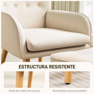Sillón con Reposapiés Sillón Lectura con Respaldo Alto Capitoné Patas de Madera y Tapizado en Lino Butaca para Salón Dormitorio Oficina Beige