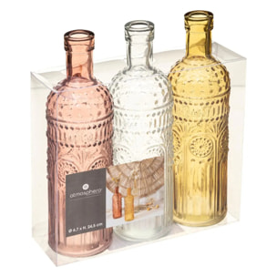Set de 3 bouteilles "Folk" verre D6,8cm