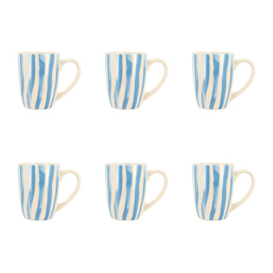 Lot de 6 mugs 38cl en grès blanc et rayures bleues CORFU