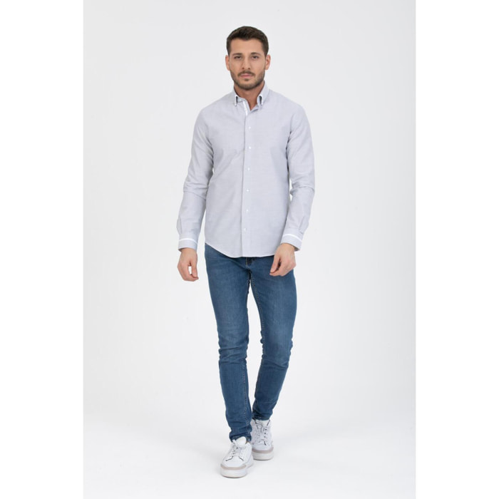 Camicia Uomo 1 Bottoni Button Down Slim Armaturato Fantasia Grigio Scuro/Bianco