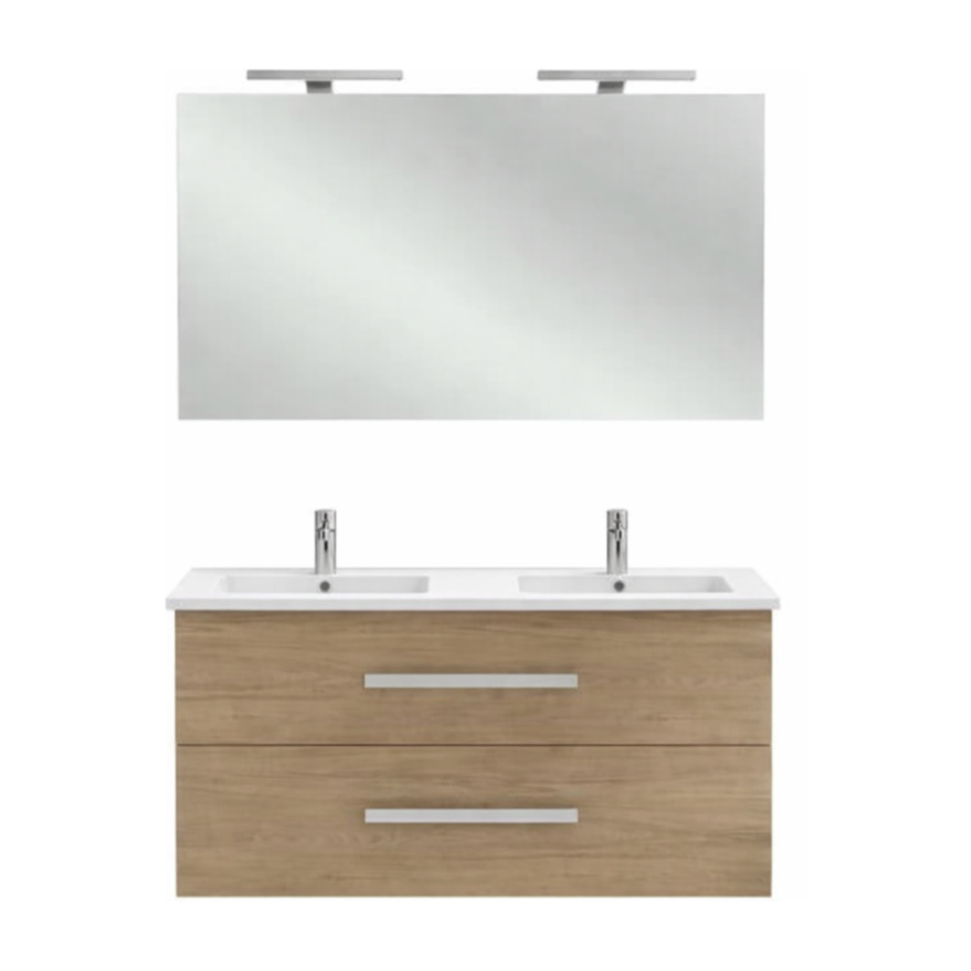 Meuble double vasque 120 cm Ola Up chêne colorado avec miroir et spot