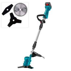 Desbrozadora de 21 V con 18000 rpm, 650 W de potencia y doble batería de 15.000 mAh, con mango articulad y 3 cuchillas.