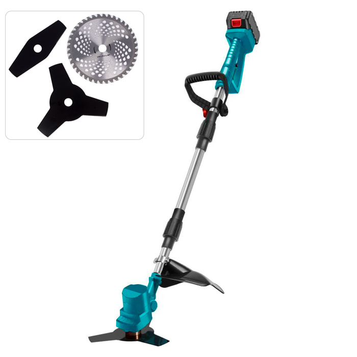 Desbrozadora de 21 V con 18000 rpm, 650 W de potencia y doble batería de 15.000 mAh, con mango articulad y 3 cuchillas.