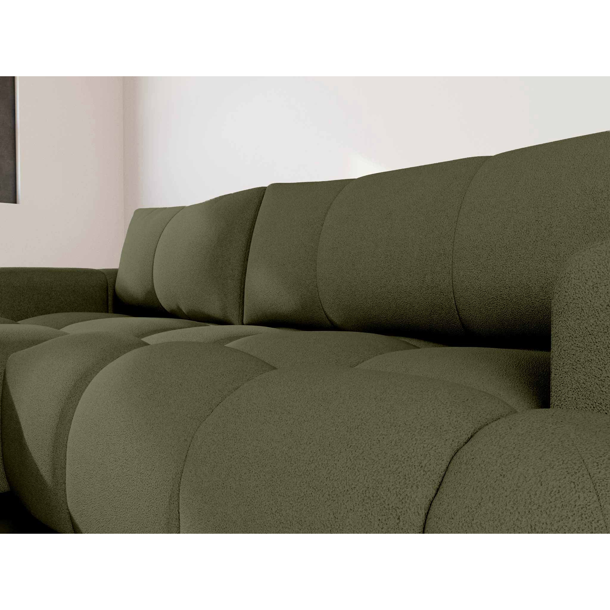 Yulin - Canapé d'angle gauche 4 places convertible avec coffre en tissu bouclette - Vert