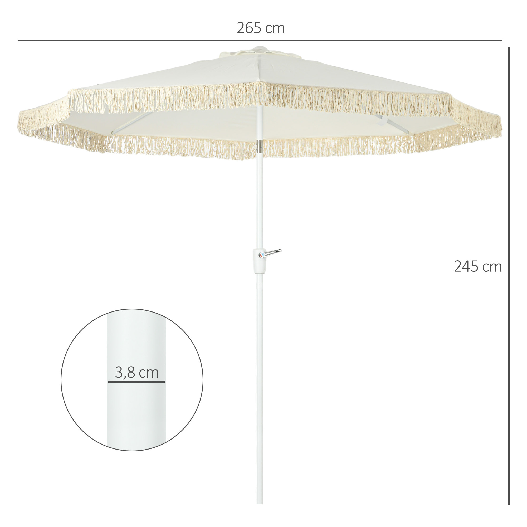 Parasol inclinable de jardin style bohème à franges polyester haute densité crème