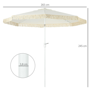 Parasol inclinable de jardin style bohème à franges polyester haute densité crème