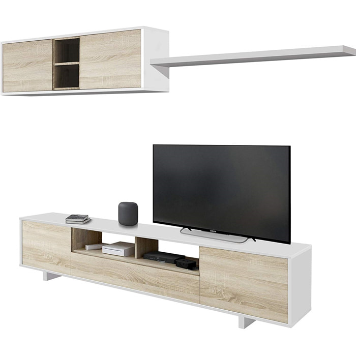 Parete Attrezzata Porta TV Mobile Basso Salotto Con 3 Vani Chiusi E 2 A Giorno Pensile Soggiorno Zona Living 200 x 42 x 47 Cm Colore Bianco E Rovere