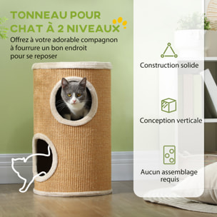 Arbre à chat cylindrique - tour à griffer pour chat - tonneau griffoir - 2 niches + plateforme - sisal peluche beige