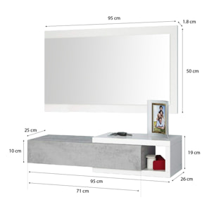 Mobile Maiorca Mobiletto da Ingresso Sospeso con Cassetto Mensola e Specchio Arredo Arredamento Sala 81 x 116 x 29 cm Bianco Lucido e Grigio Cemento