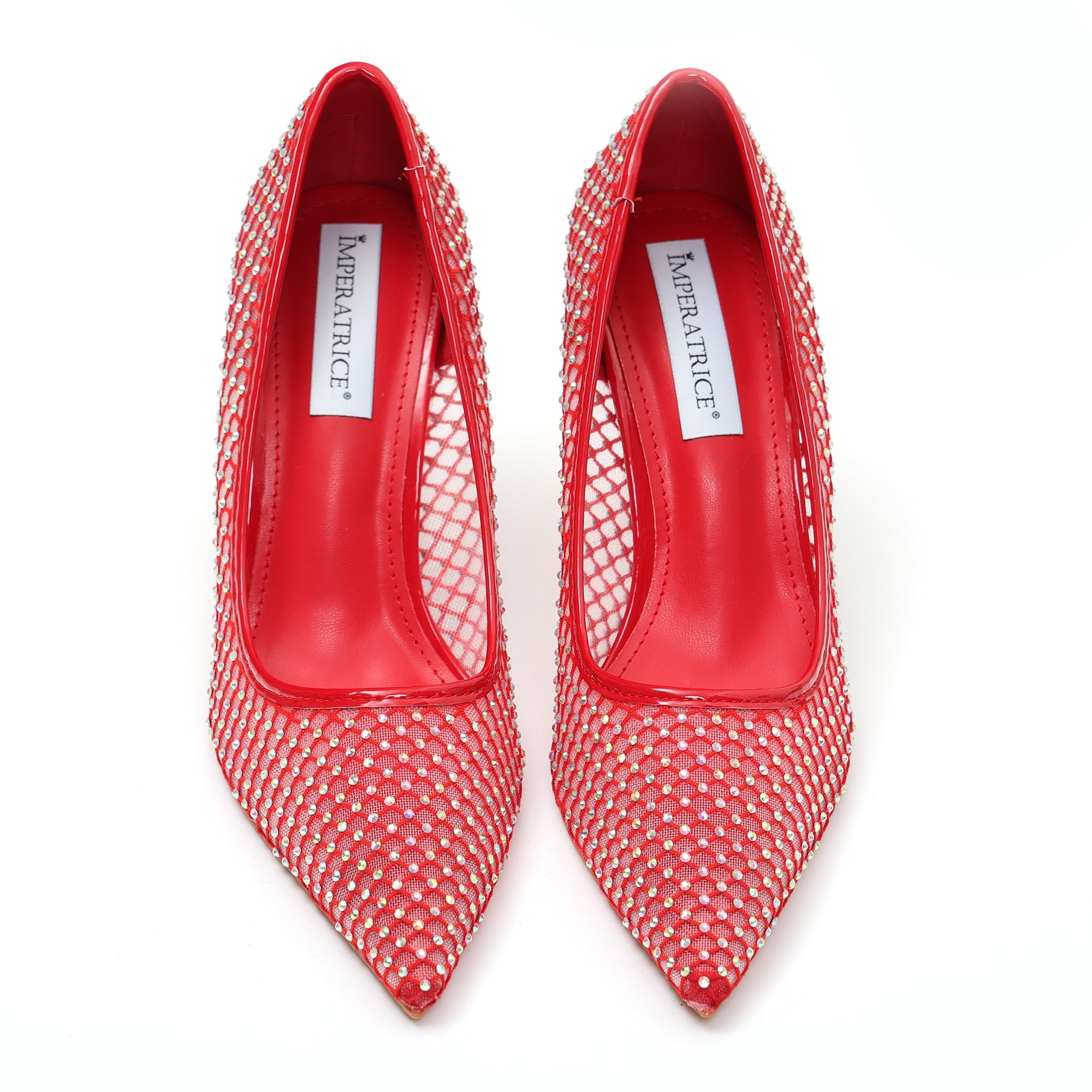 Dècolletè pumps in simil pelle con tomaia bucherellata ricoperta di strass