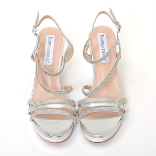 Sandali in simil pelle con tacco alto comodo e fasce ricoperte di strass