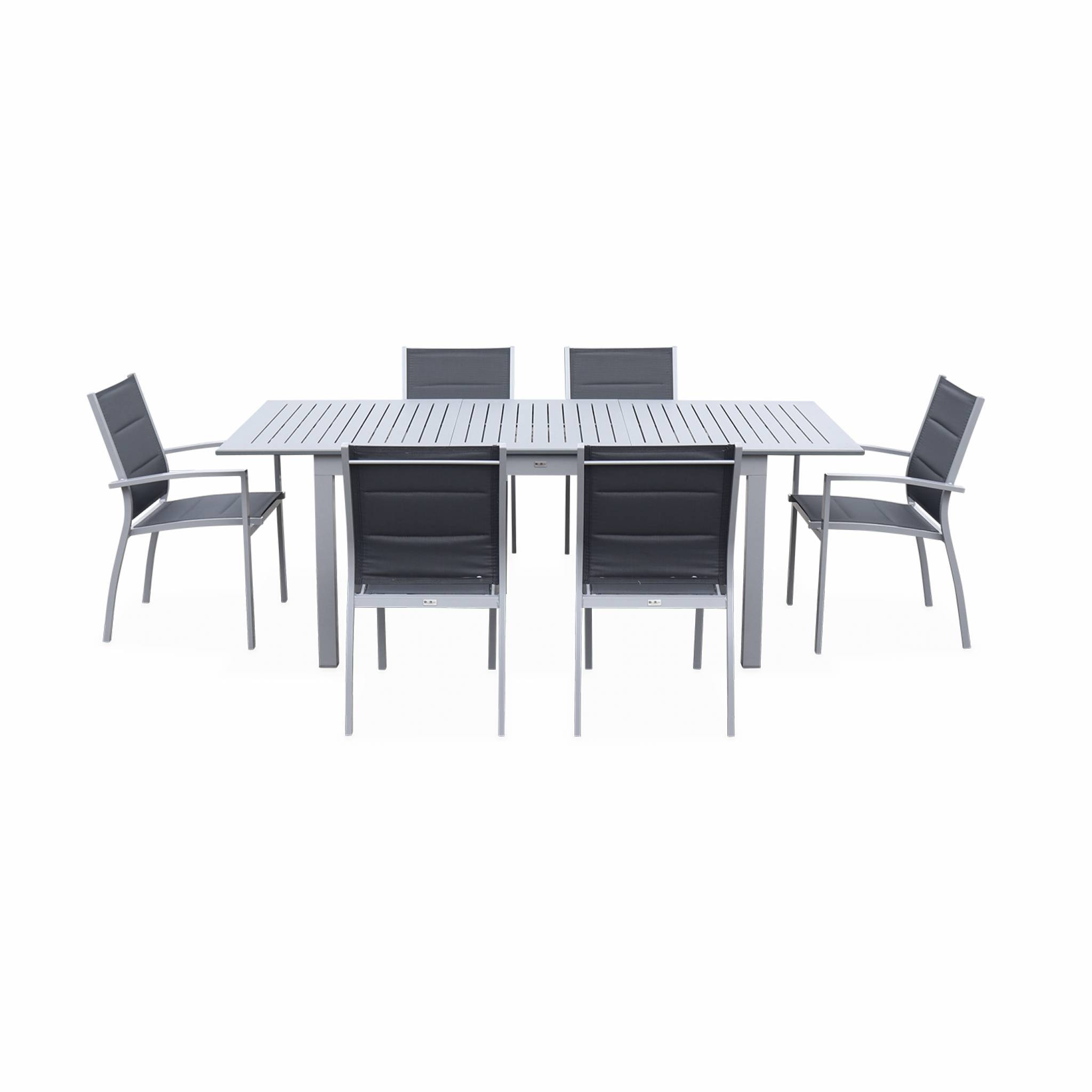 Table de jardin extensible aluminium + 6 assises - Chicago 210 Gris - Table en aluminium 150/210cm avec rallonge et 6 assises en textilène