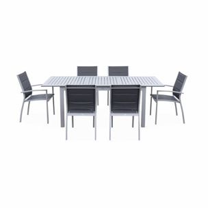 Table de jardin extensible aluminium + 6 assises - Chicago 210 Gris - Table en aluminium 150/210cm avec rallonge et 6 assises en textilène