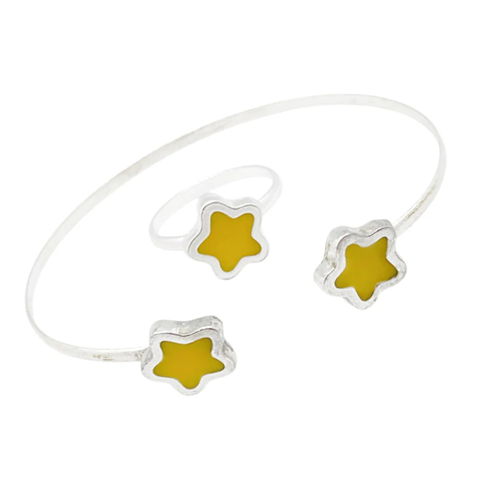 Conjunto Colors Flor Pulsera y anillo plata 10µ Mostaza