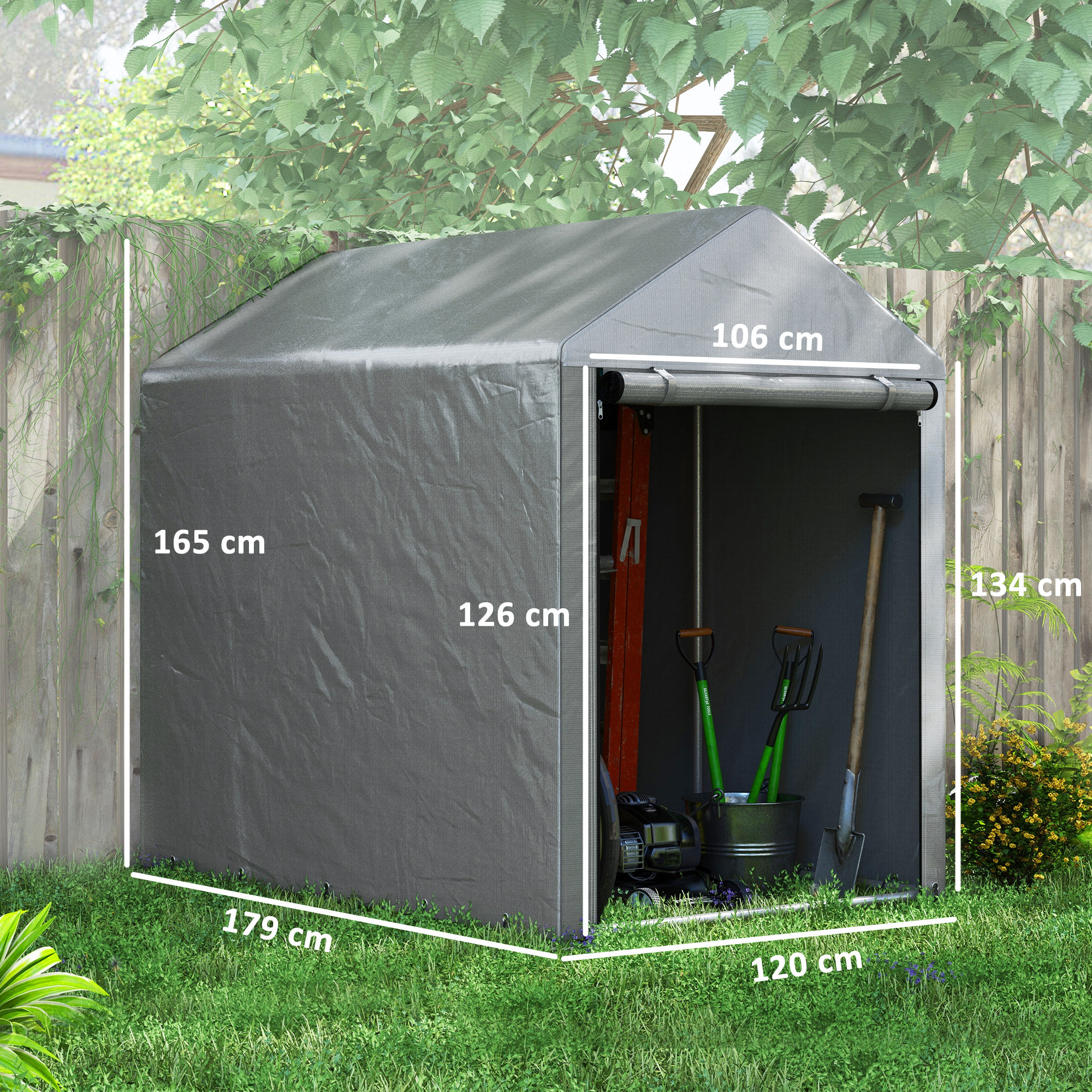 Carpa de Jardín Exterior para Herramientas Bicicletas 1,2x1,8x1,65 m, Cobertizo Exterior con 2 Habitaciones, Puerta Enrollable con Cremallera, Impermeable Anti-UV, Garaje Portátil, Gris Claro