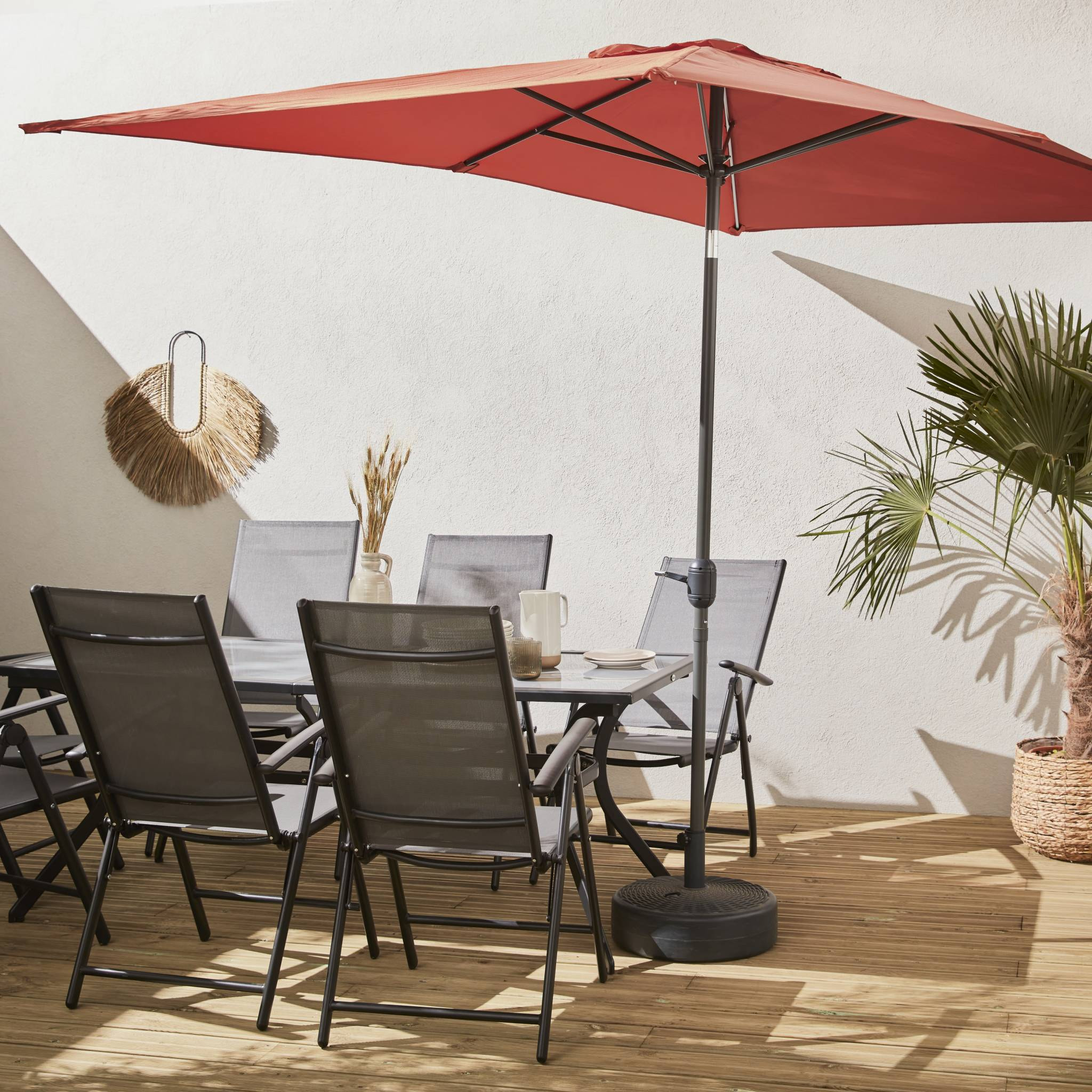 Parasol droit rectangulaire 2x3m - Touquet terracotta - mât central en aluminium orientable et manivelle d'ouverture