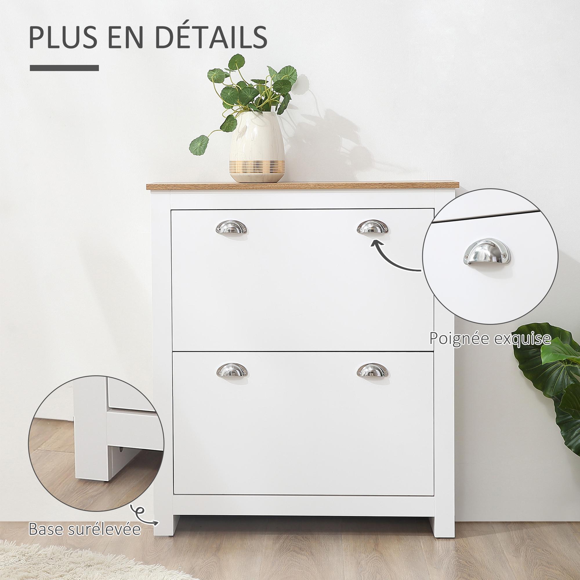 Armoire à chaussures 2 portes abattantes 2 compartiments poignées coquilles métal MDF blanc chêne clair